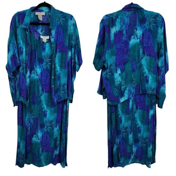 80's Rayon Crinkle Gauze Tropical Watercolor Sleeveless MuMu Dress Set Blue Sz 2 - Picture 1 of 13
